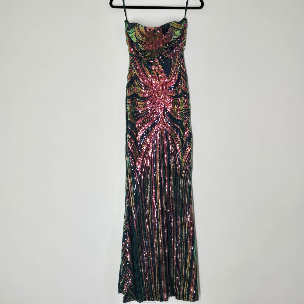 Faeriesty Green Multicolor Sequin Maxi Dress S Cami Mermaid Formal Prom Gown